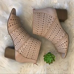 Blush perforated peep toe block heel booties